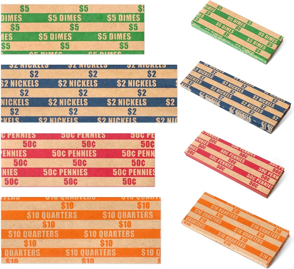 ESSENTIAL 100 pcs Assorted Packed Flat Stripped Coin Wrappers, 100-Assorted