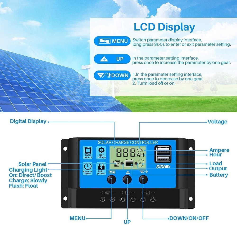 12V 24V 30A Solar Charge Controller Auto Dual USB Solar Panel Charger Regulator