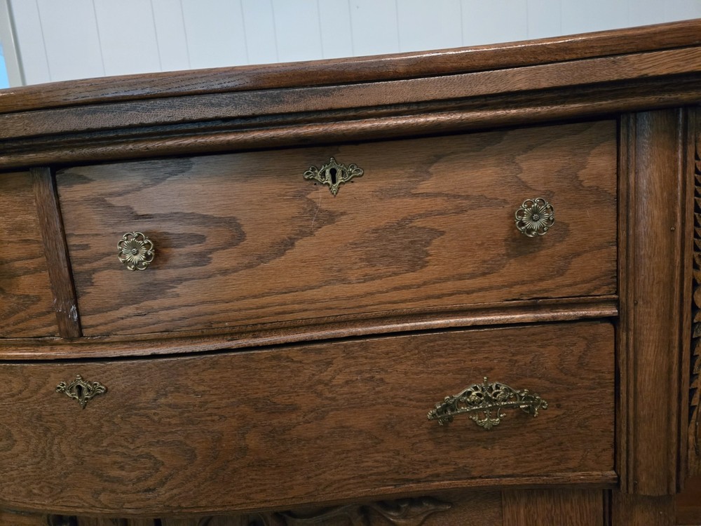 Antique Solid Oak Buffet Sideboard Server Cabinet Carved Wood Vintage
