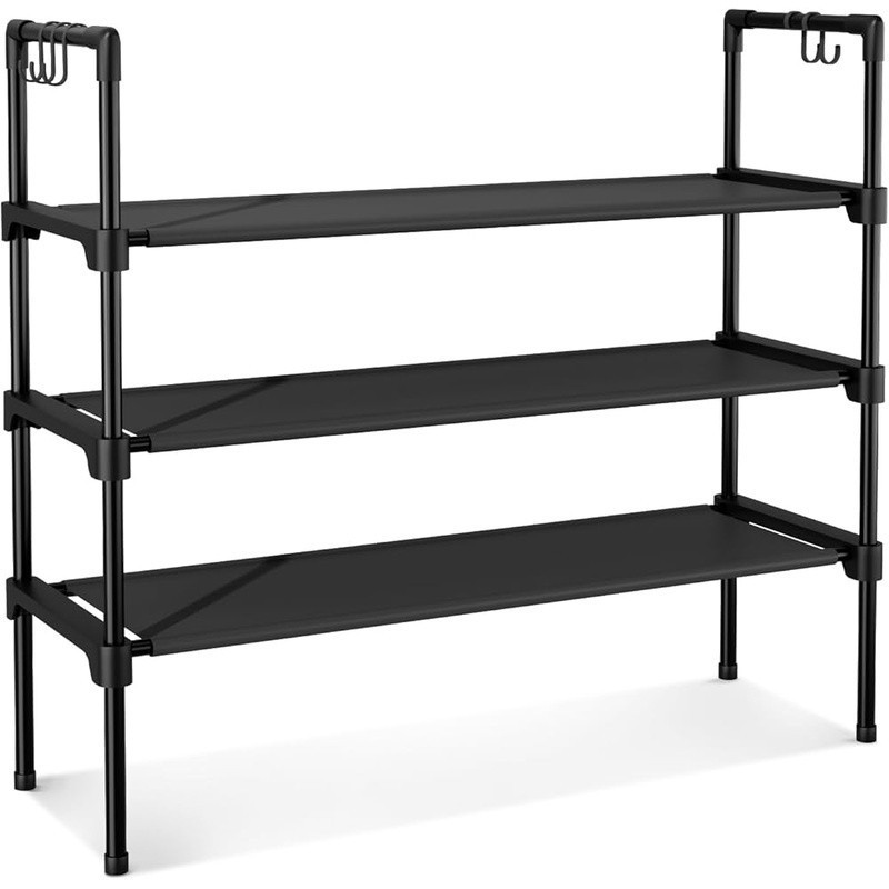 Stackable Shoe Rack 3 Tier Space Saving Organizer W/ Hooks Easy Assembly New