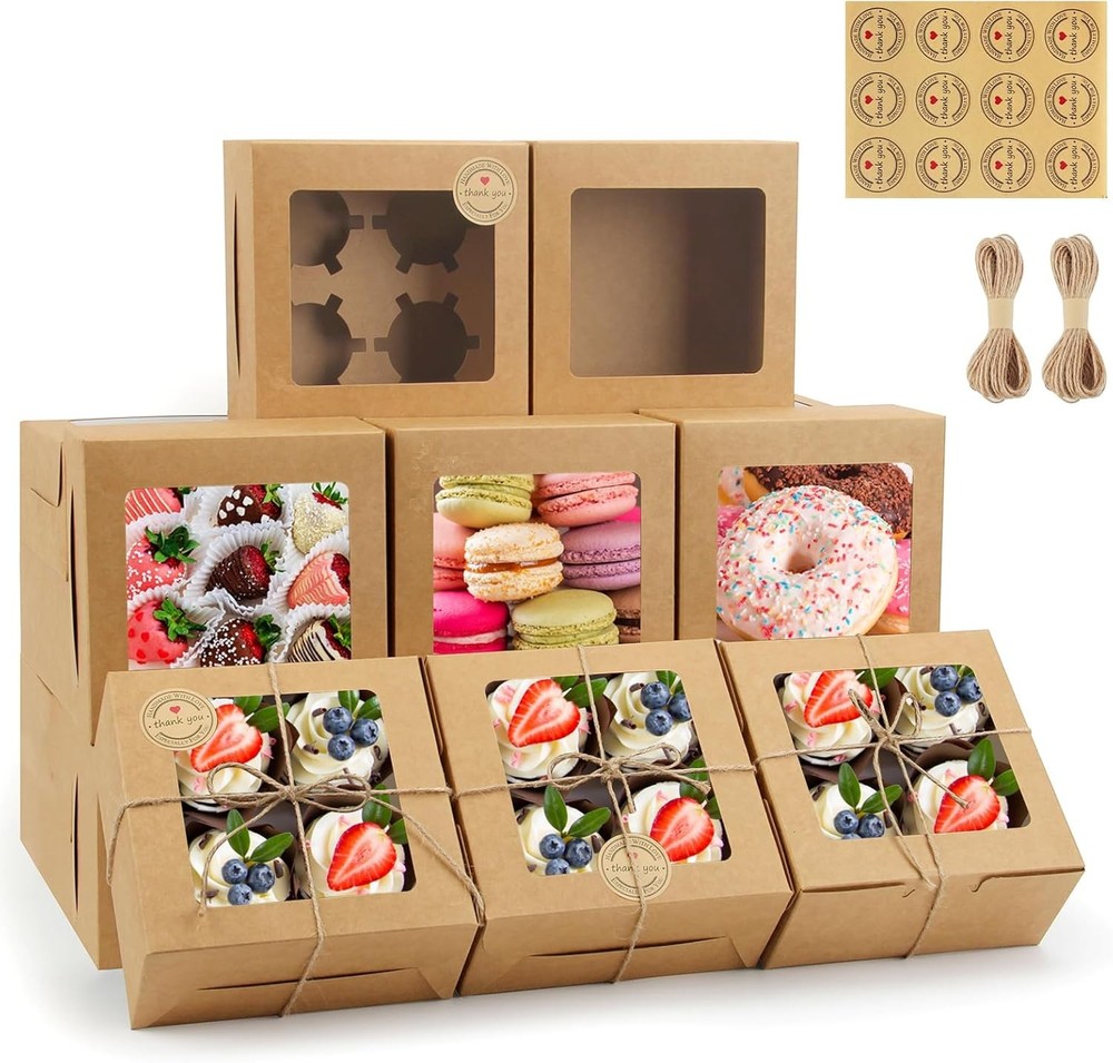 OCEG Cupcake Boxes with Window, 6x6x3 Inch Cookie Boxes, Brown Bakery