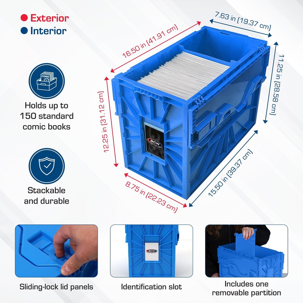 Short Comic Book Storage Bin Holds 150 Comics Stackable Acid-Free Organizer Blue