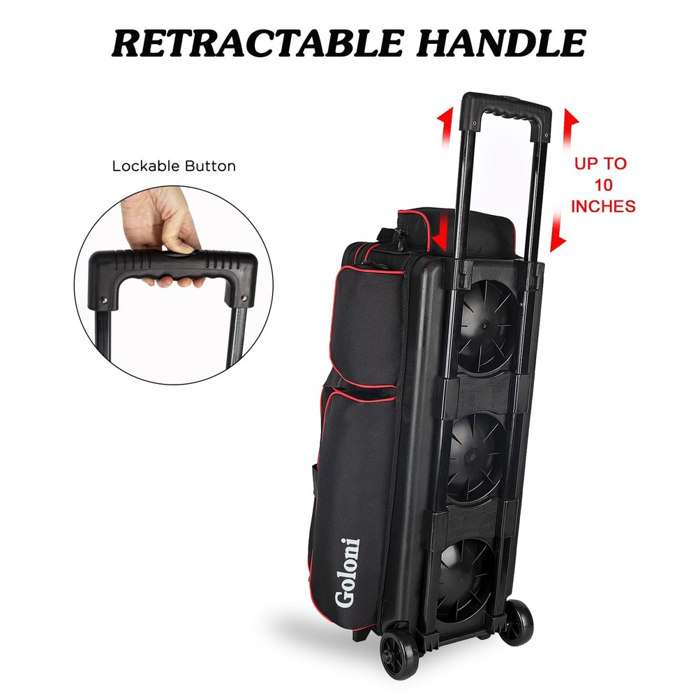 Rolling Bowling Bag for 3 Balls & Accessories with Retractable Handle