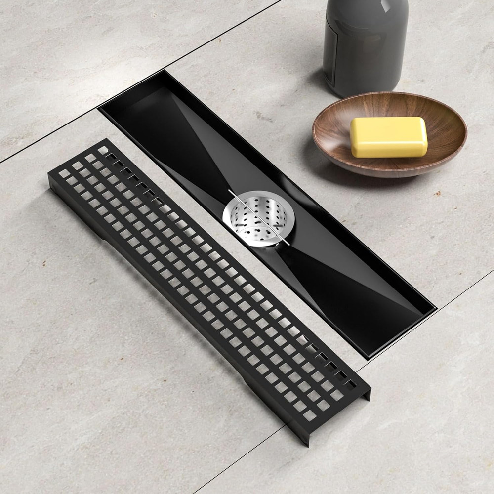 Desagüe de ducha lineal de 12 pulgadas, desagüe de suelo rectangular negro