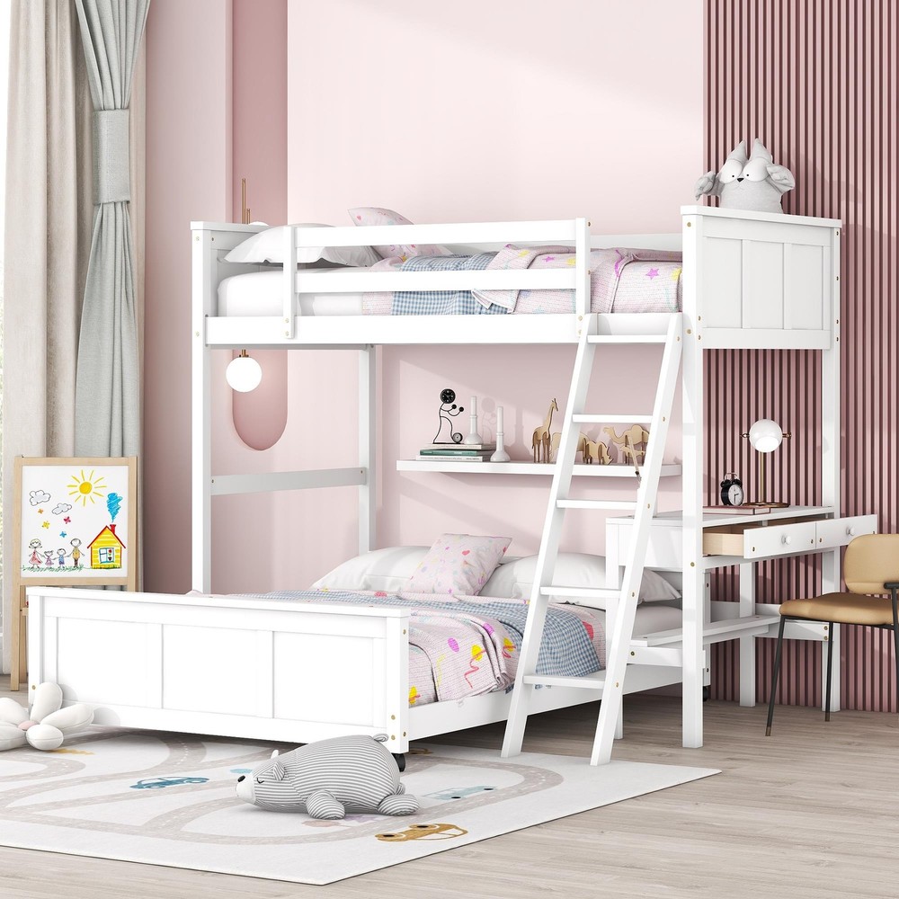 Twin Over Full Bunk Bed with Desk White/Gray