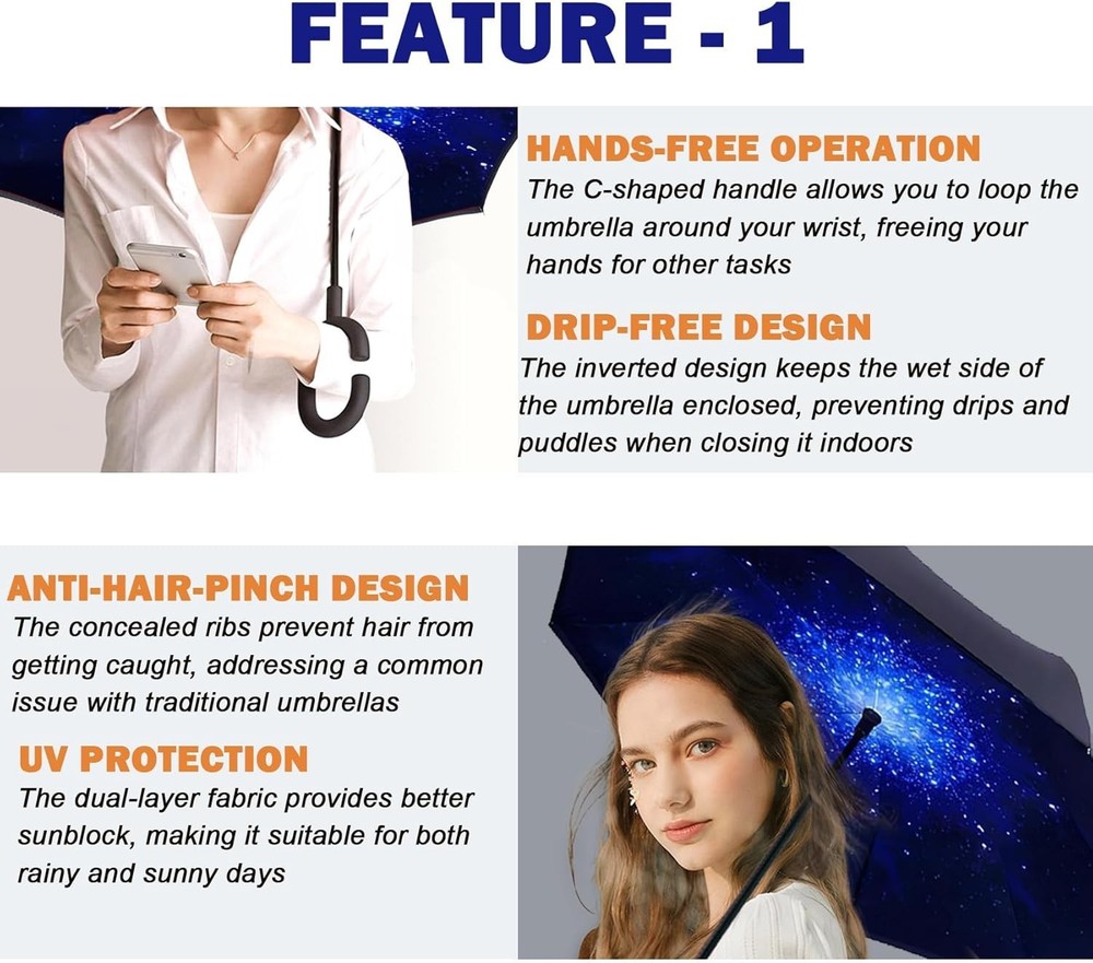 Inverted Reverse Upside Down Umbrella Double Canopy Vented Windproof Waterproof