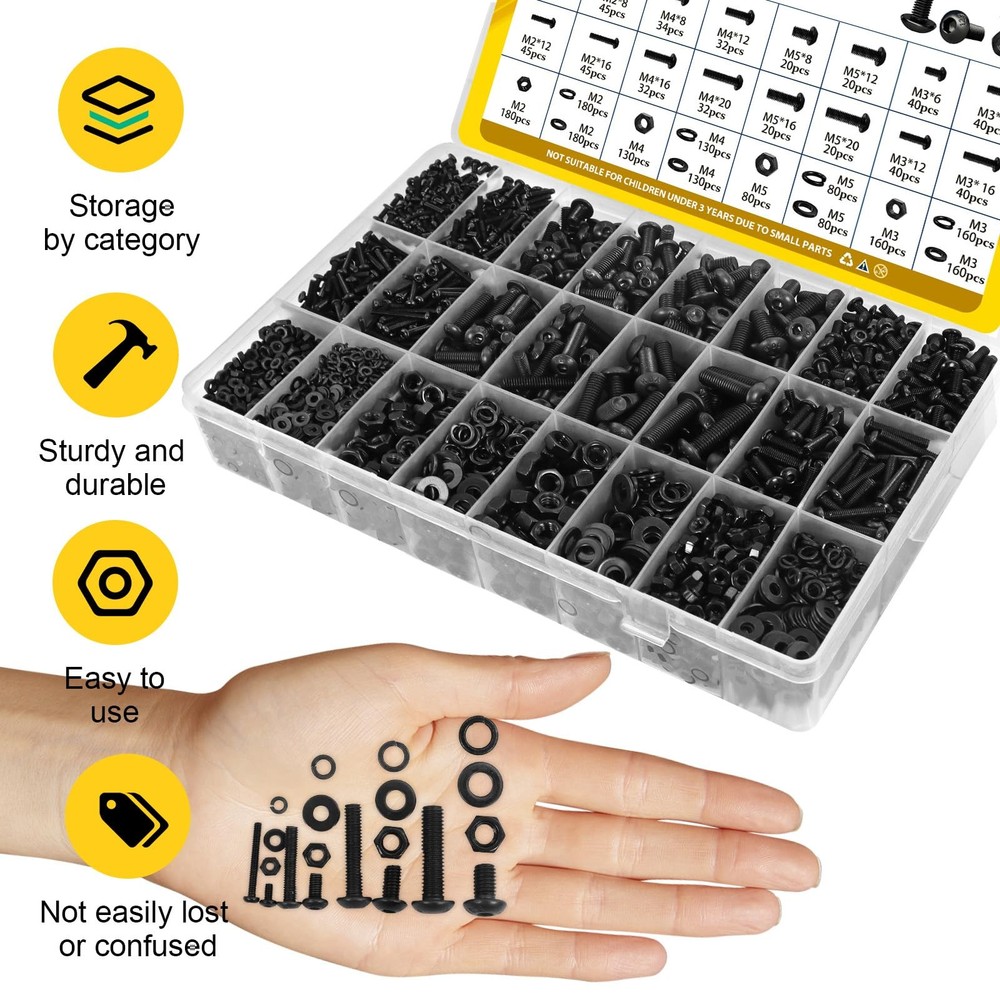 Fgruh 2200PCS M2 M3 M4 M5 M5, Black-Hex Socket Button Head