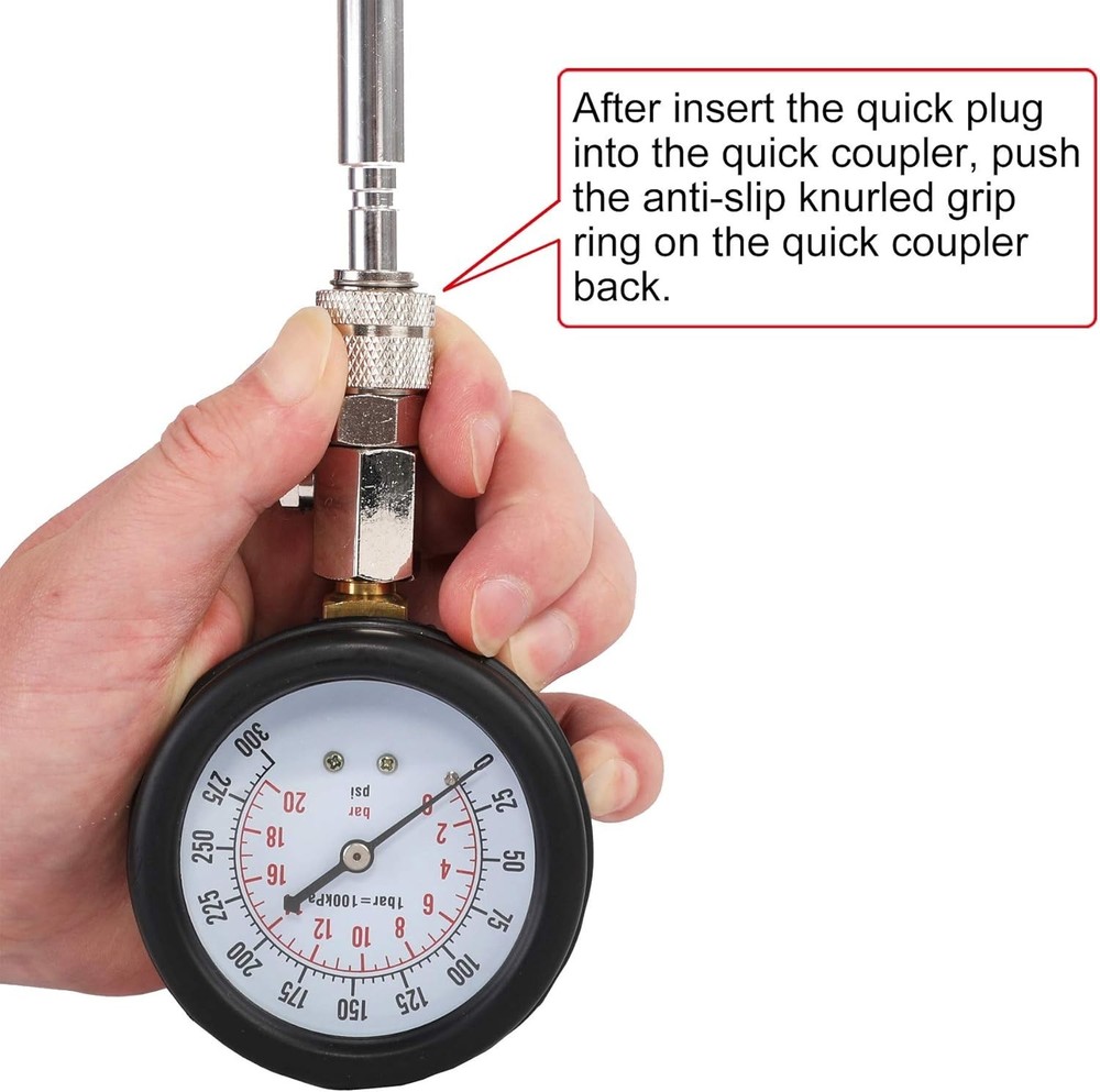 Precision Engine Compression Tester Kit with Flexible Hose & Adapters, 300 PSI