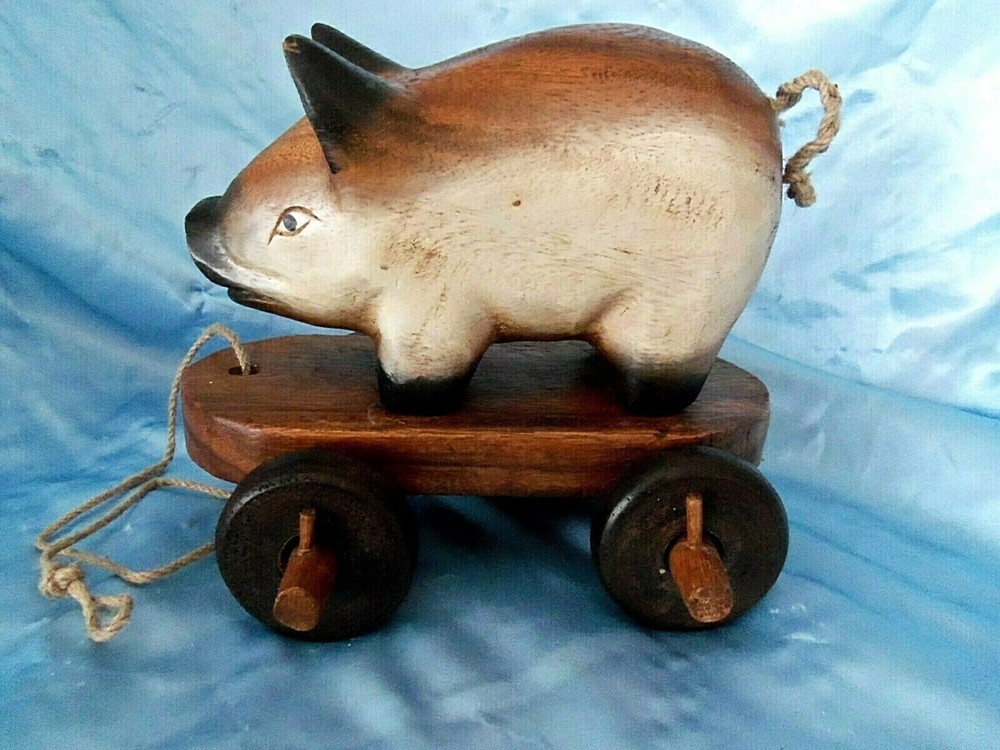 Vintage Antique pull rolling handmade Wood Pig Pull toy
