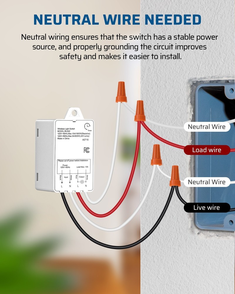 DEWENWILS Wireless Light Switch 15AMP High Power Receiver Kit with Timer,Switch