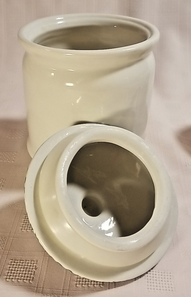 2 White Stoneware Canisters w/ Lids AND Salt & Pepper Set Fruit Pattern