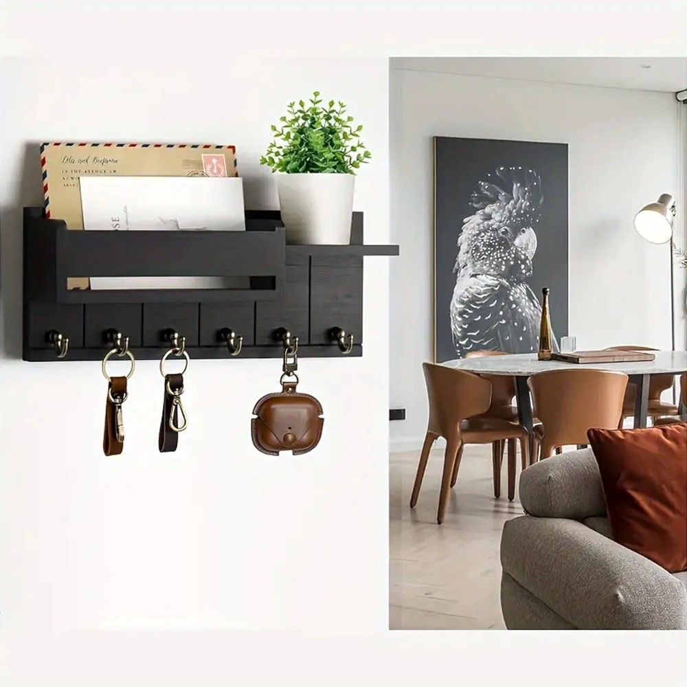 Wall-Mounted Key Holder & Mail Organizer with Hooks - Entryway Storage & Decor