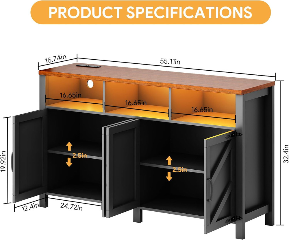 Buffet Sideboard with Storage with Power Outlets & LED Light 4 Doors, 55'' Large