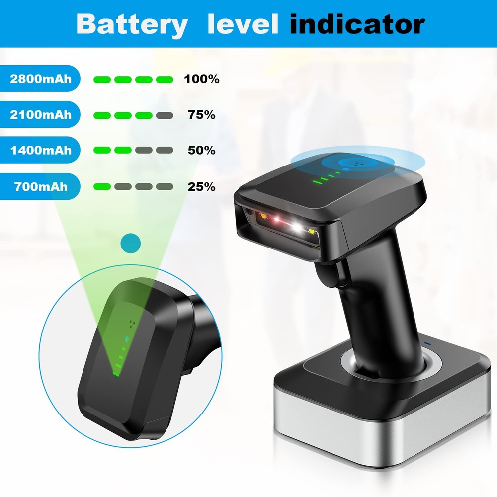 Alacrity 2D QR Wireless Barcode Scanner Charging Base Battery Level Indicator