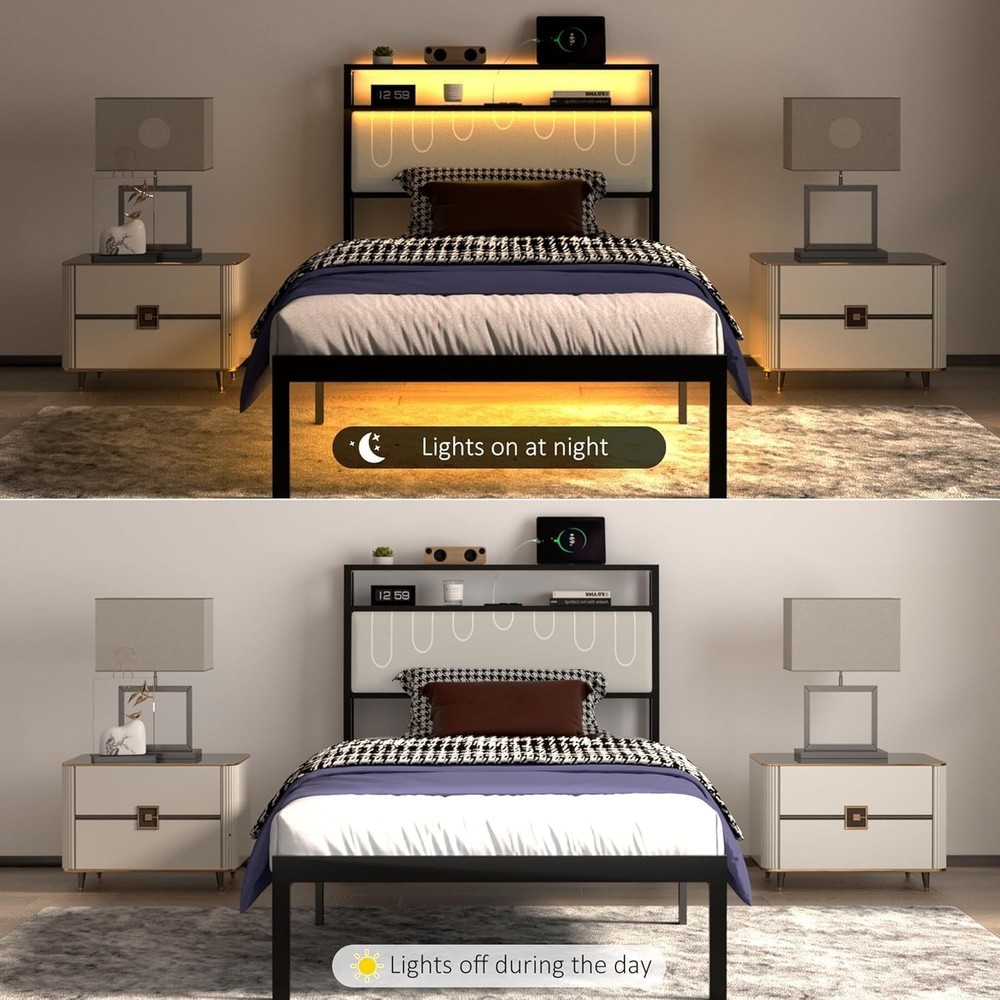 Twin Bed Frame LED Lights USB Charging Upholstered Headboard Metal