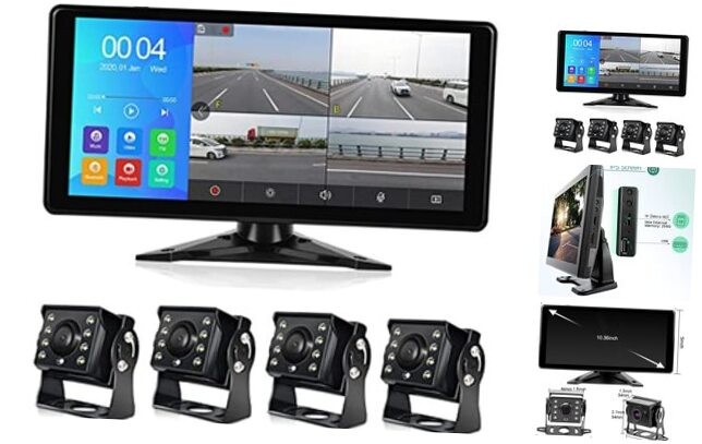 Car Backup Cameras System with 4K 10.36" Touch Screen Quad Display Grey