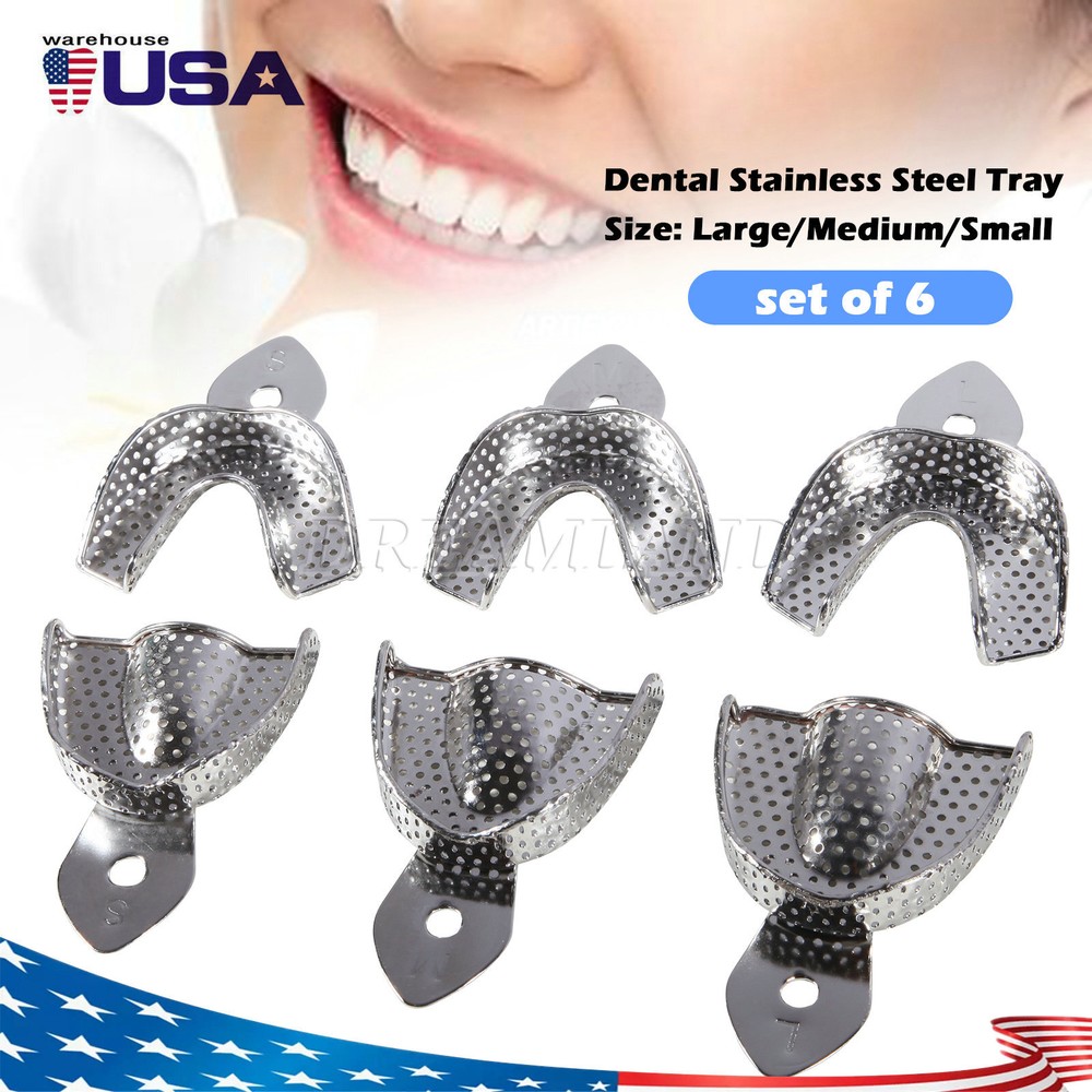 6 Metal Dental Impression Trays set Perforated Upper & Lower Denture Instruments