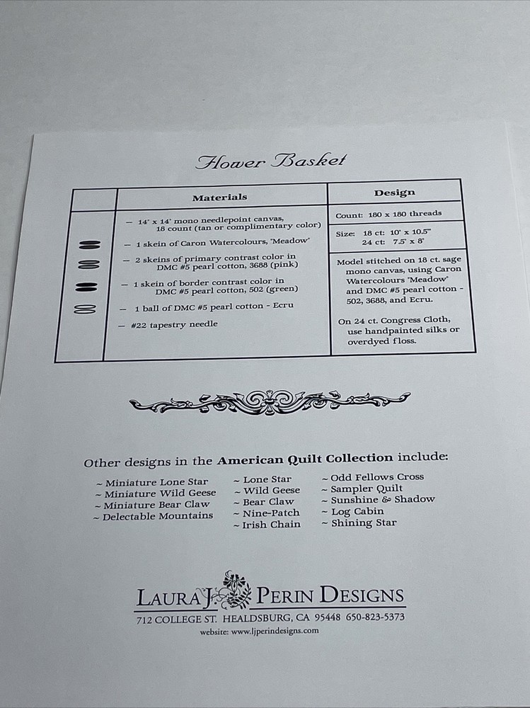 Laura J Perin Designs Flower Basket Needlepoint Pattern