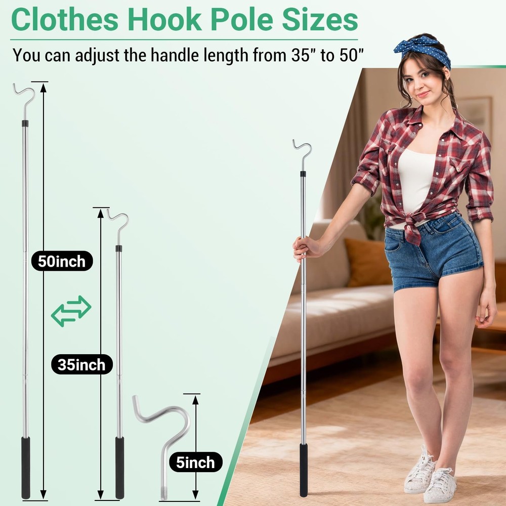 Greeily Clothes Hook Pole, High Reach Garment for Hanging Silver