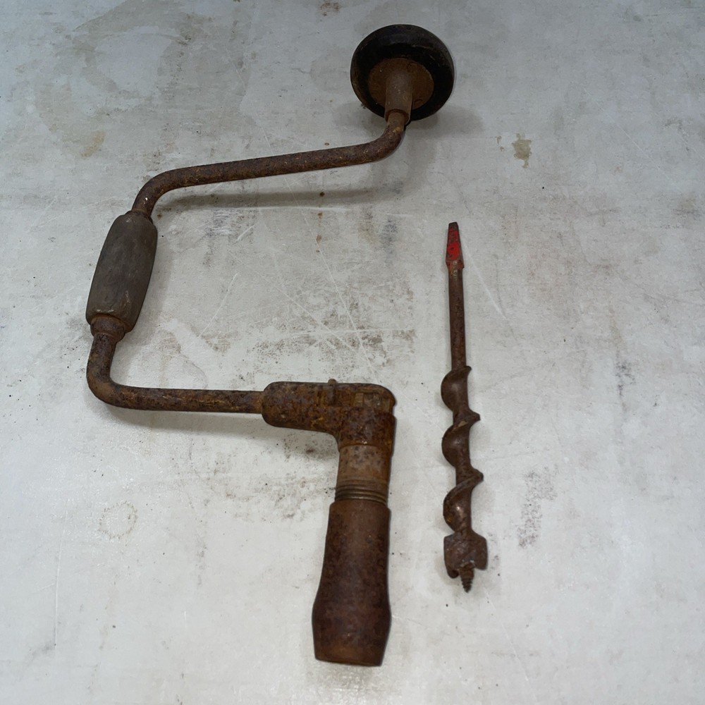 Vintage Hand Drill 10” Sweep Rusted But Working With Bit