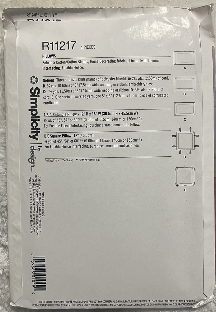 Simplicity 11217 Pillows One Size NEW UNCUT