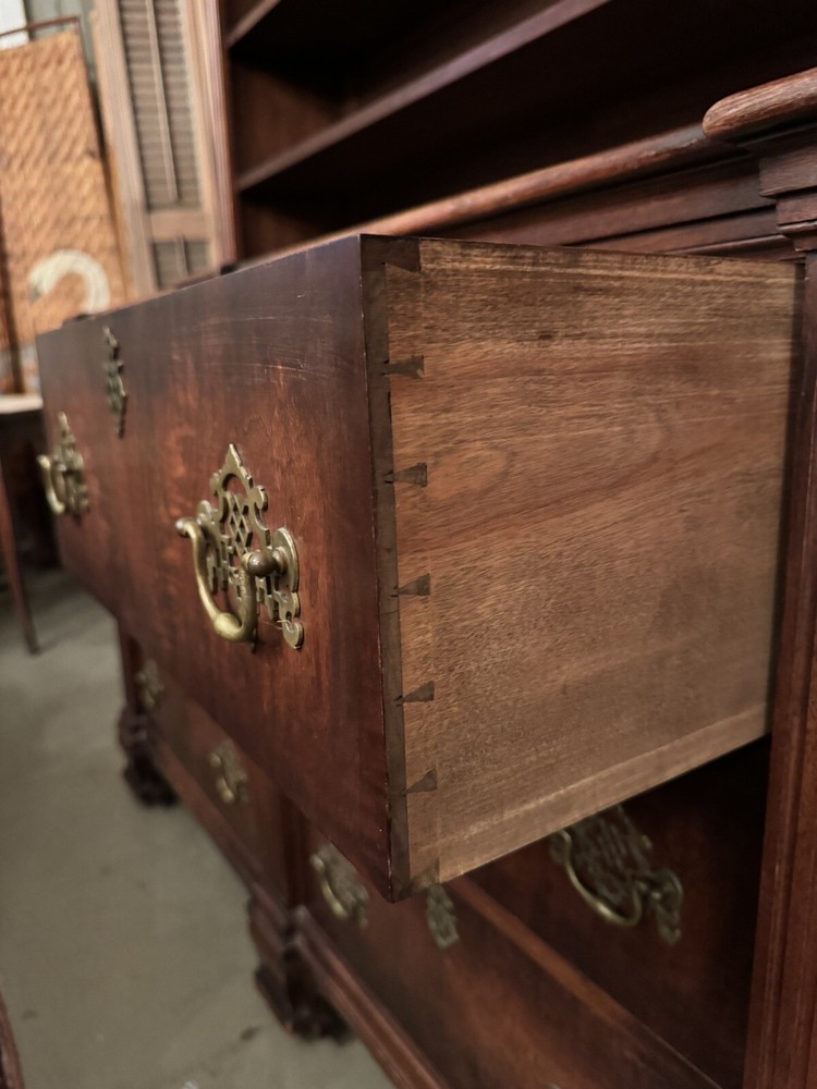 20th C. George II Style Walnut Chippendale Style Breakfront Hutch Brass Hardware