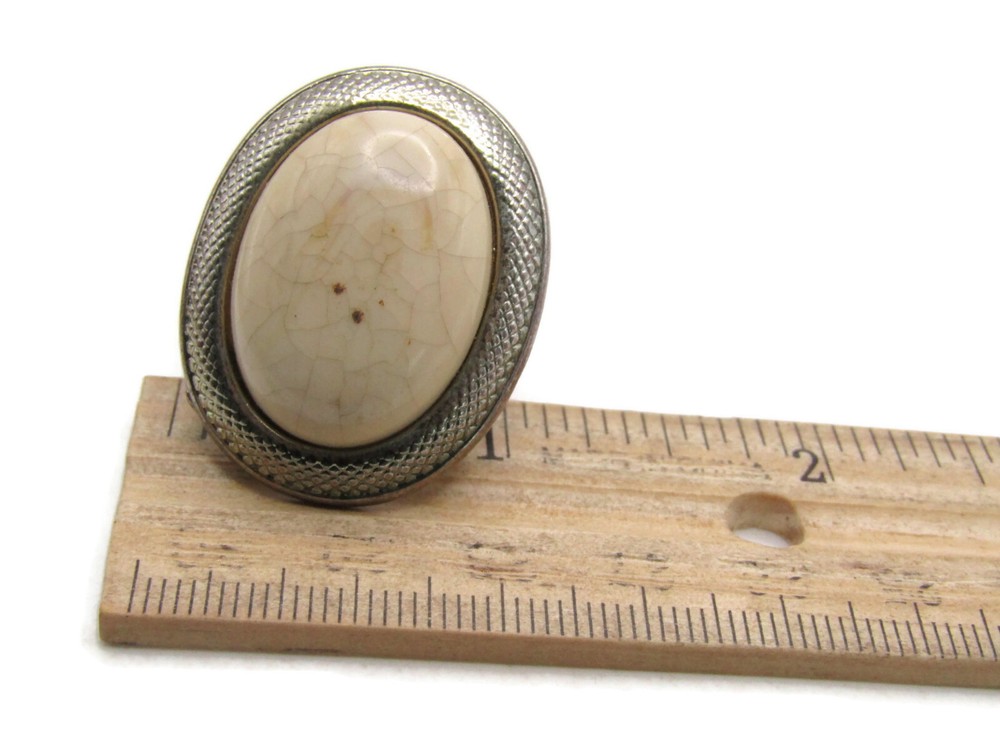 Large Statement Ring Oval Cream Crackle Stone Cabochon Textured Silver Tone