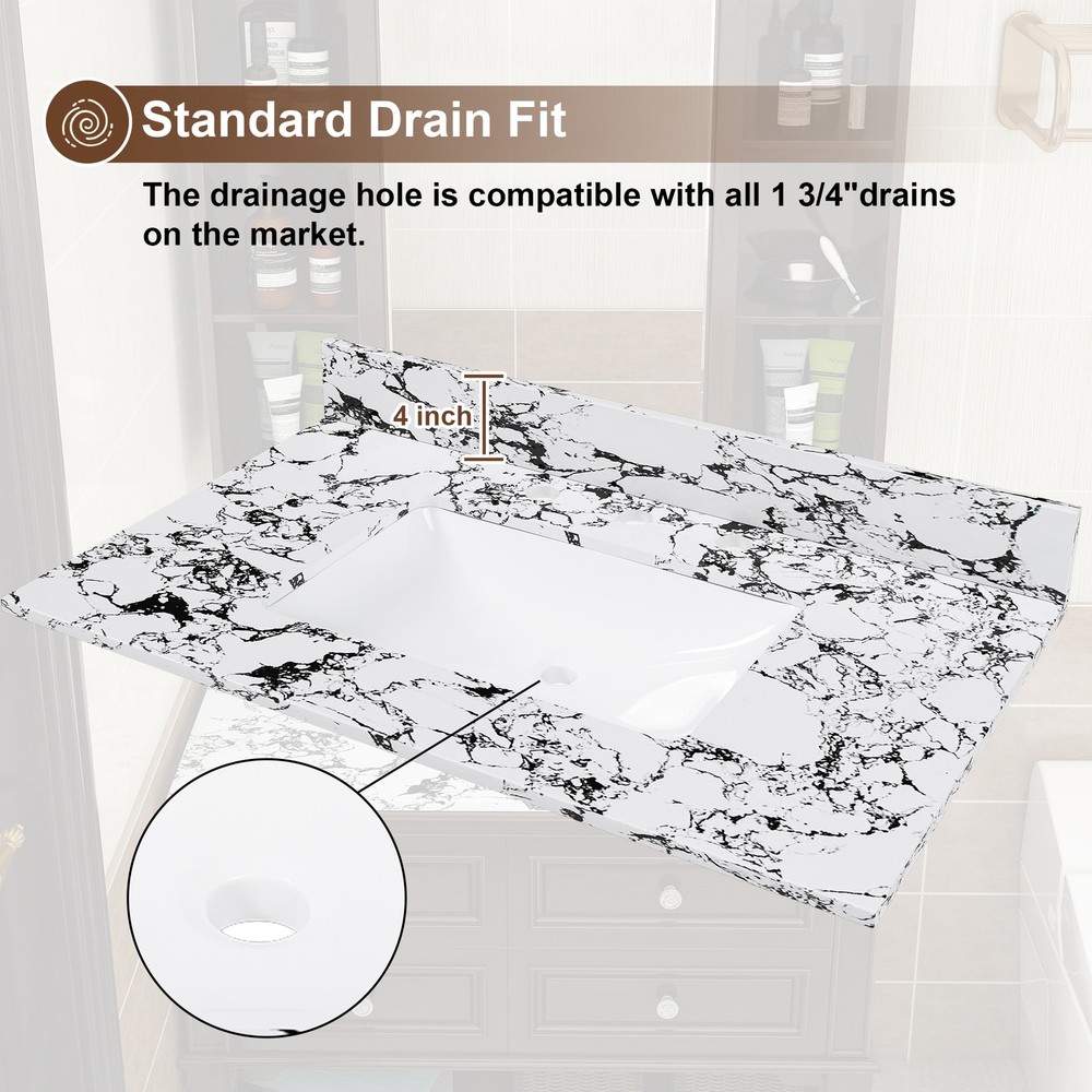 37"x22"Bathroom Vanity Top, W/Undermount Ceramic Sink and Backsplash, artificial