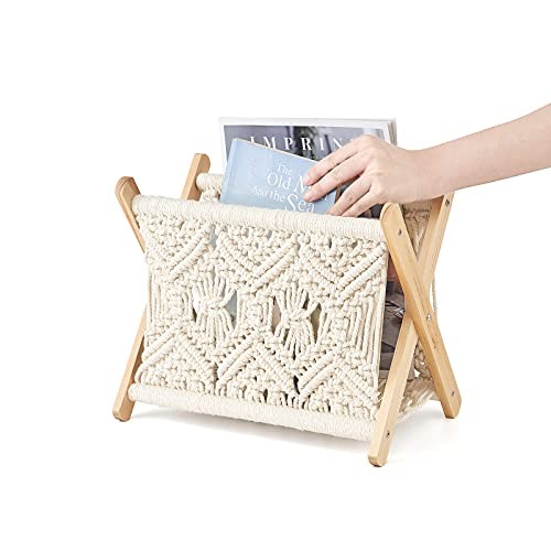 Macrame Magazine Rack Boho Storage Holder Standing Basket for Books, Small