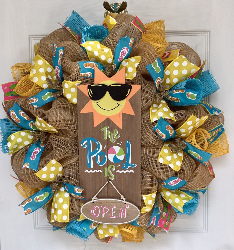 Pool Is Open Burlap Deco Mesh Summer Wreath