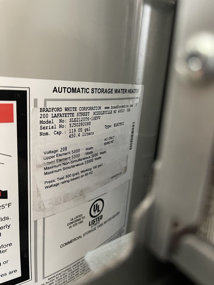 Bradford White SEL2120T6-SEW Water Heater Light Commercial Electric 119 Gallon
