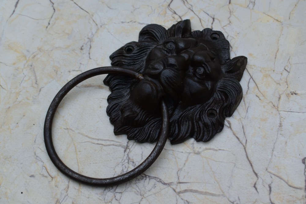 Vintage Cast Iron Lion Head Face Door Knocker Handle Knob Pull Drop Ring