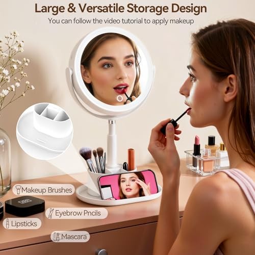 Makeup Mirror with Lights, 1X/20X Lighted Makeup Mirror with Storage for White