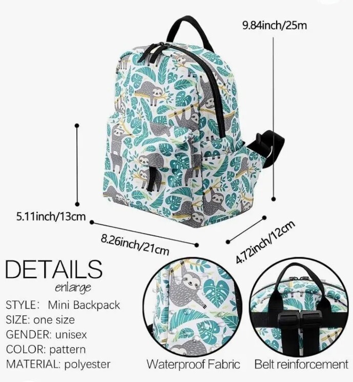 Childs Mini Backpack, Slothes Pattern