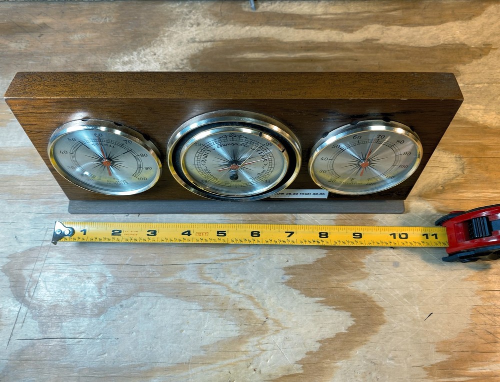 Tabletop Weather Station featuring three analog gauges in a solid wood case