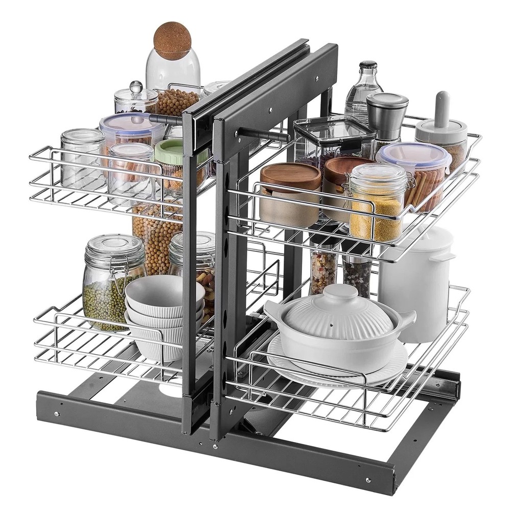 Min 15"W Opening Blind Corner Pull Out Organizer, 2 Tier 4 Shelf Kitchen Cabinet