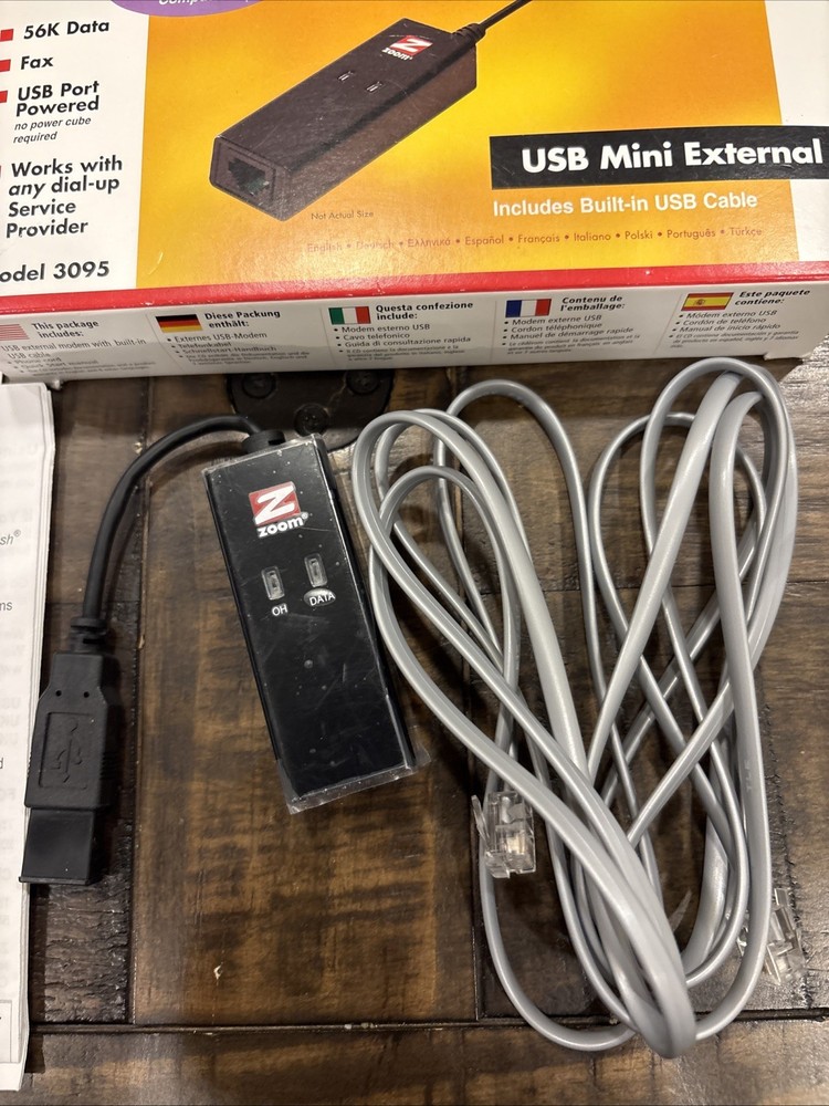 Zoom Model 3095 USB Modem 56K V.92 Data Fax Dial-Up Windows Macintosh Linux