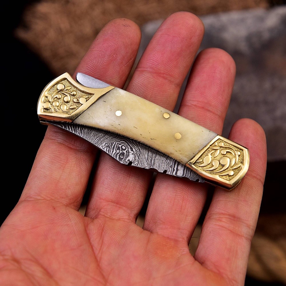Handmade Damascus Pocket knife - Folding Blade Lock-Back Handle Camel bone