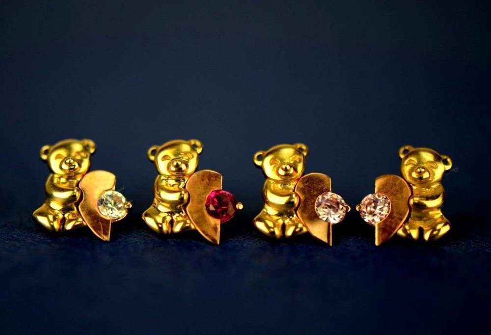 14k Yellow Gold CZ Heart Bear Stud Earring