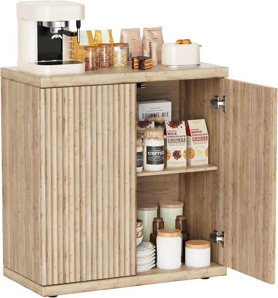 Modern Fluted Buffet Cabinet with Storage, 2 Doors & Adjustable Shelf, Oak