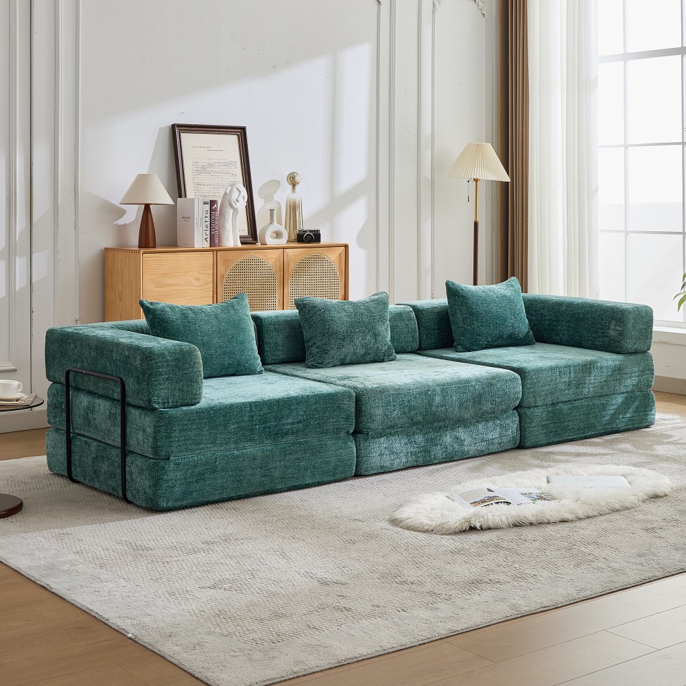 Convertible Floor Sofa Bed w/ Fixed Frame, Chenille Fabric, Dark Green