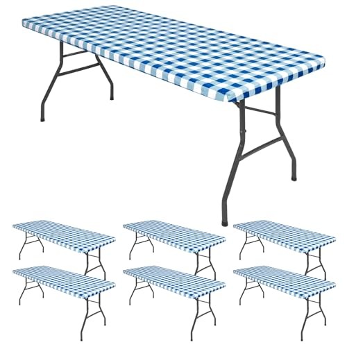 6 Pack Buffalo Rectangle Picnic Table Cloth, Elastic Fitted Vinyl Tablecloths,