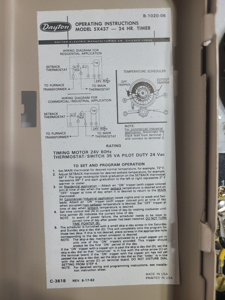 New Genuine Dayton 5X437 Timer Automatic Setback Control 24 Hour