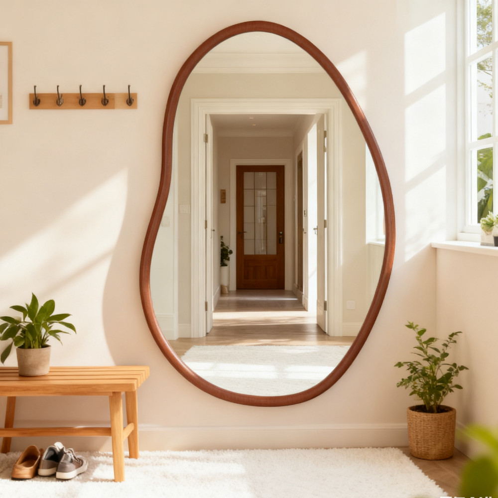 Large Asymmetrical Wood Wall Frame Mirror Abstract Decorative Odd Shaped Mirrors