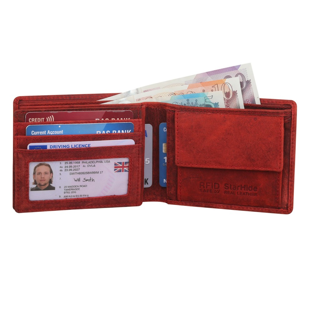 STARHIDE Genuine Distressed Hunter Leather RFID Blocking Coin Pocket Wallet
