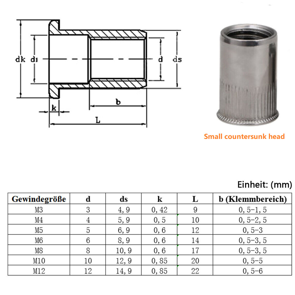 M3 M4 M5 M6 M8 M10 M12 FLAT/ COUNTERSUNK RIVNUTS THREADED RIVET NUT A2 STAINLESS