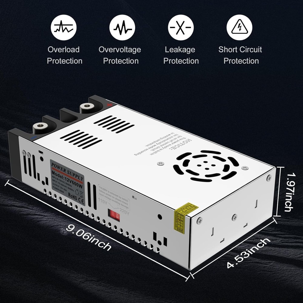 Versatile 600W AC to DC Converter, 110V/220V Input, 12V Adjustable Output