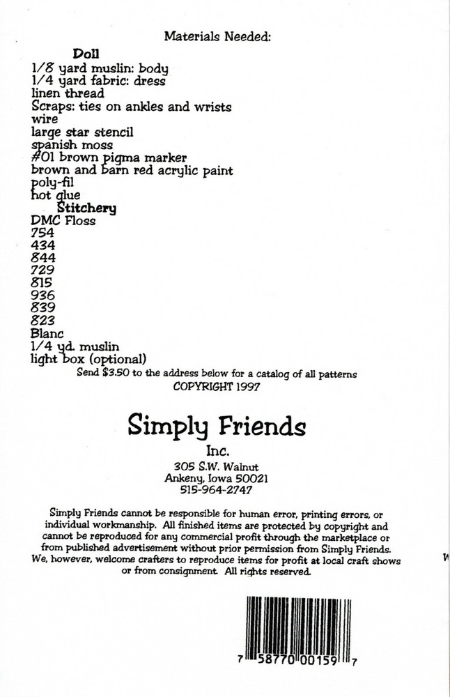 "Liberty" ©1997 Simply Friends Pattern Co. Doll & Stitchery Pattern # 159 UNCUT