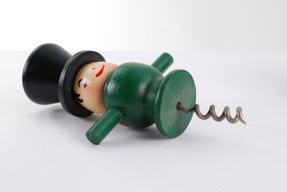 Top Hat Corkscrew Figural Man Barware Wooden Bare tool MCM