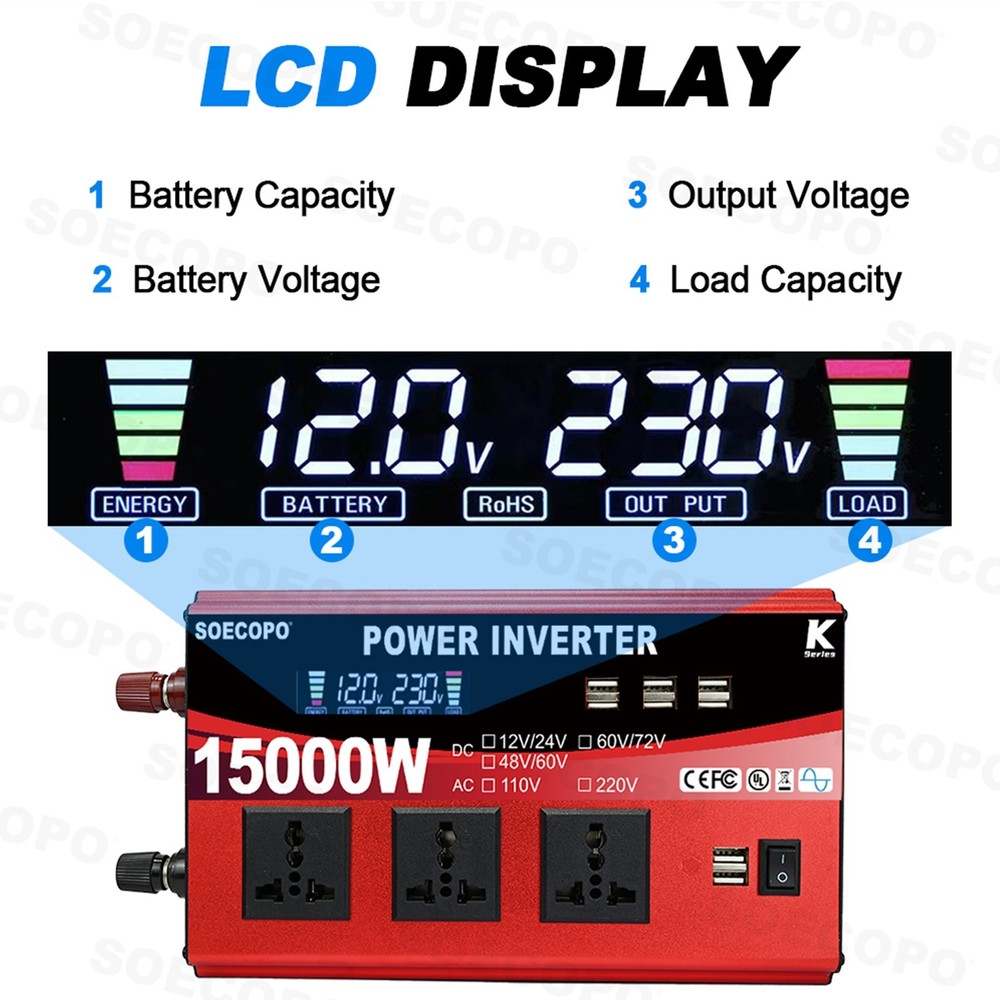 Pure Sine Wave Solar Converter 15000W Car Power Inverter DC 12-72V To AC 110VfC